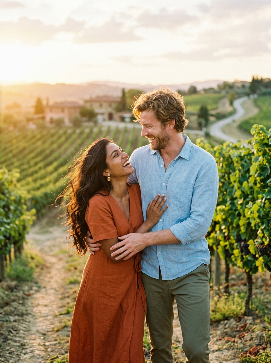 Anika and Sebastian laughing together on a vineyard hillside