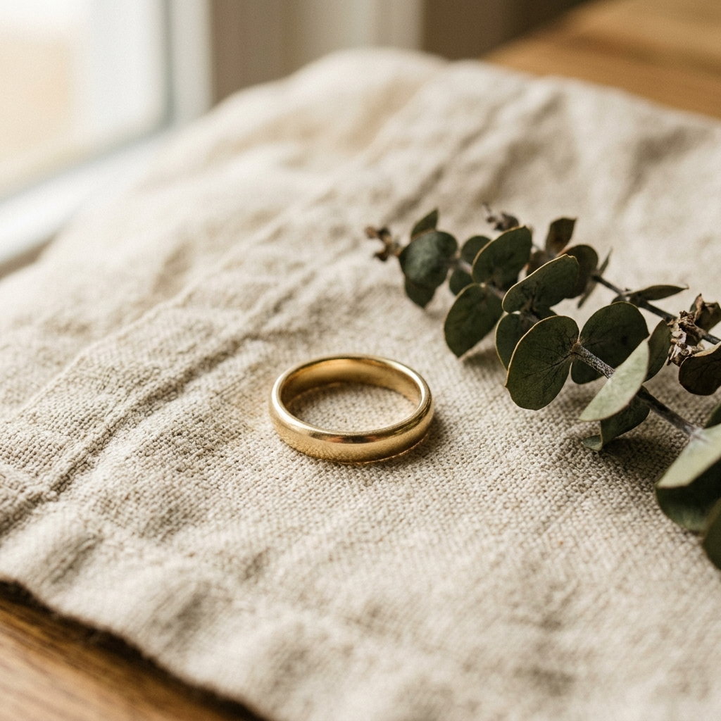 Gold wedding band on linen with eucalyptus