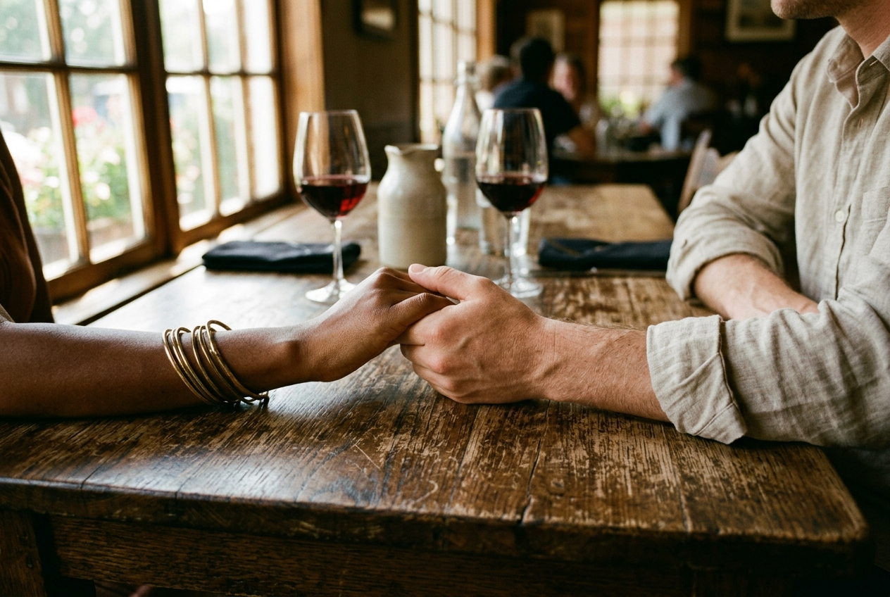 Hands intertwined on a rustic table with wine