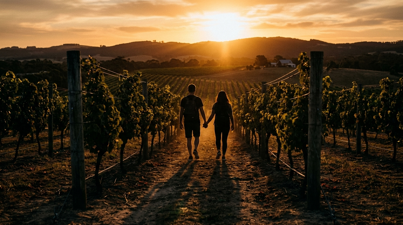 Couple walking through vineyard rows at sunset